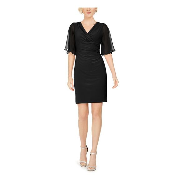 msk womens embellished short sleeve sheath dress MSK Women's V-Neck Short-Sleeve Embellished-Hem Shift Dress - Black